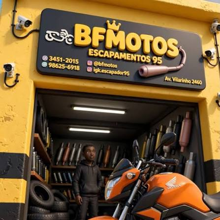 Fachada da loja BF Motos com estoque de escapamentos
